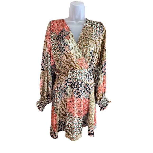 Zara Dress‎ Womens XS Paisley Mini V-neck Long Balloon sleeves elastic cuffs - Picture 1 of 16